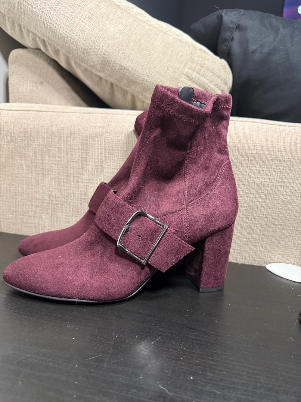 Franco Sarto Burgundy Suede Buckle Block Heel Ankle Boots